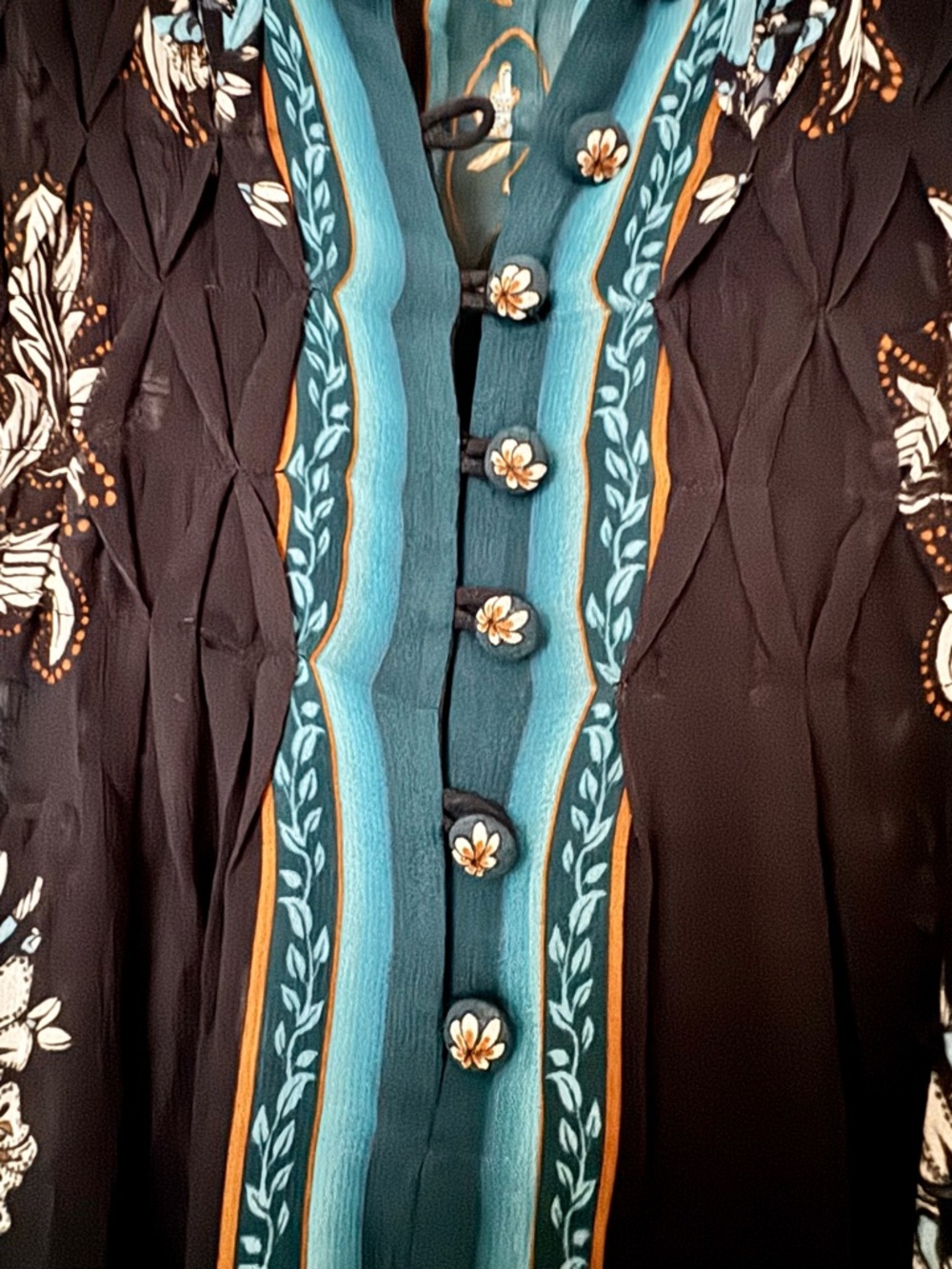 EUC FARM Rio Black Tunic with Teal and Blue Floral Trim - Picture 3 of 6